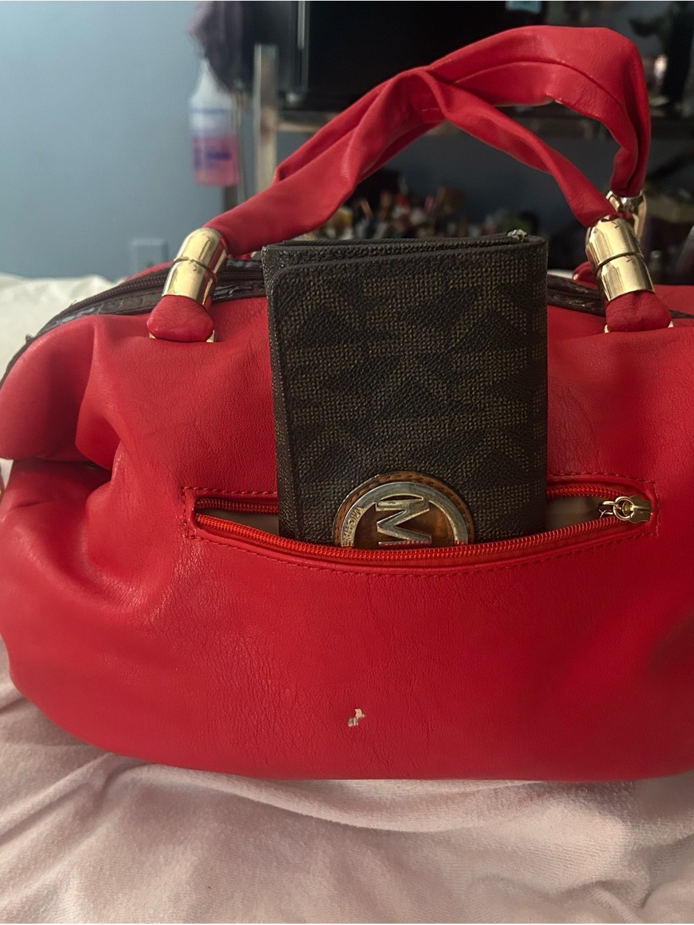 Michael Kors Red Leather Satchel with Black Logo Wallet - Picture 3 of 3